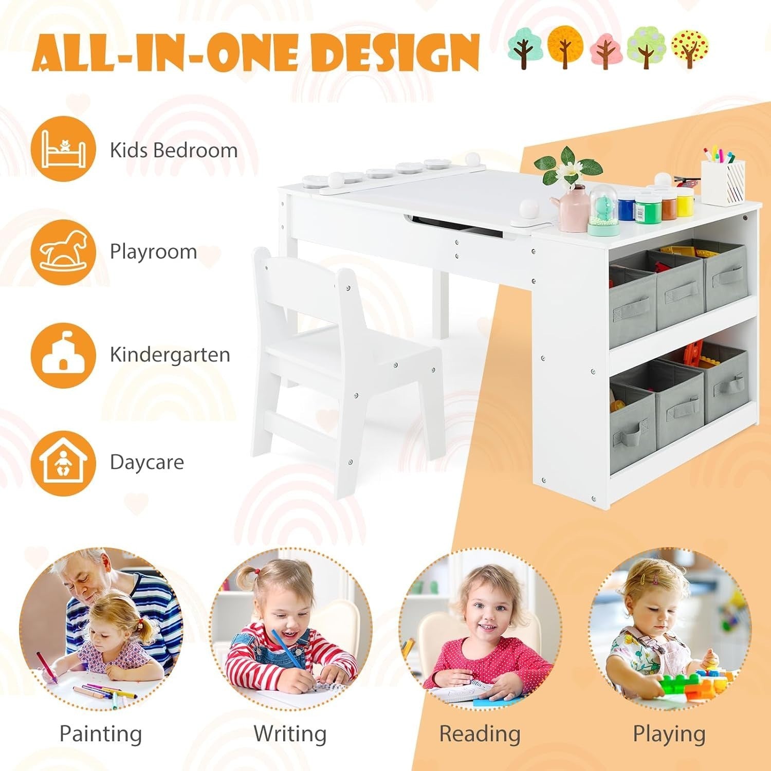 Kids Activity Table & 2 Chairs Set w/ Storage, Paper Roll, 5 Paint Cups