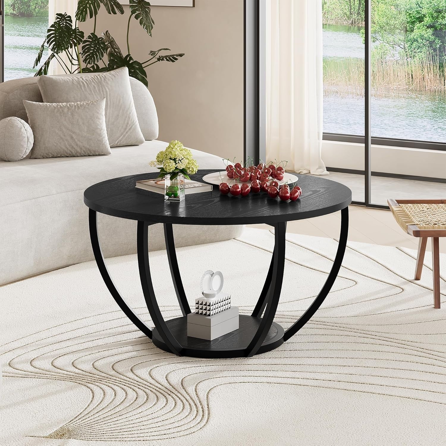 Round 2-Tier Coffee Table with Storage Shelves, Wooden Top & Metal Frame Black
