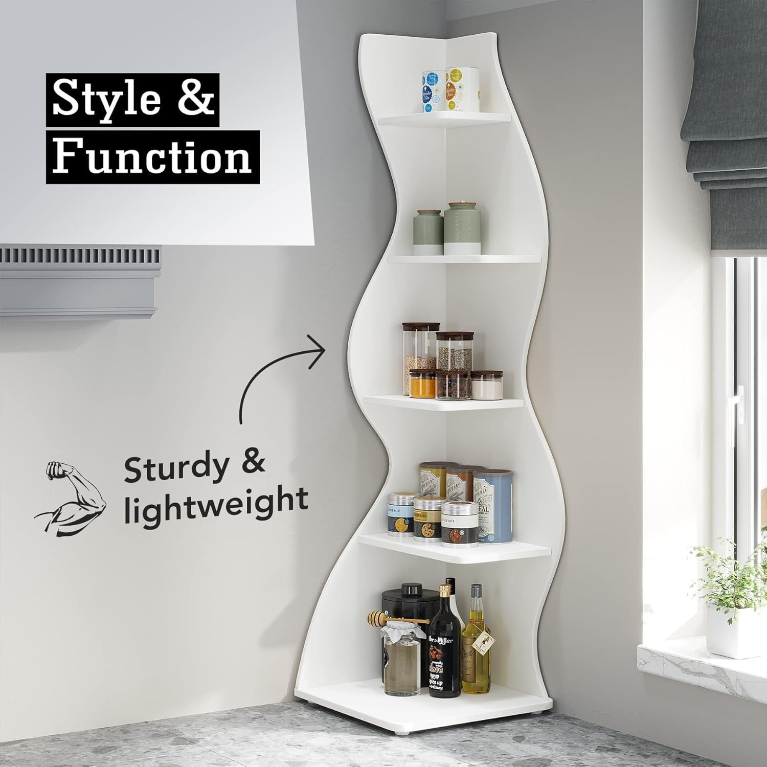 Modern 5-Tier Corner Bookshelf Wave Design Wall Storage Rack for Living Room