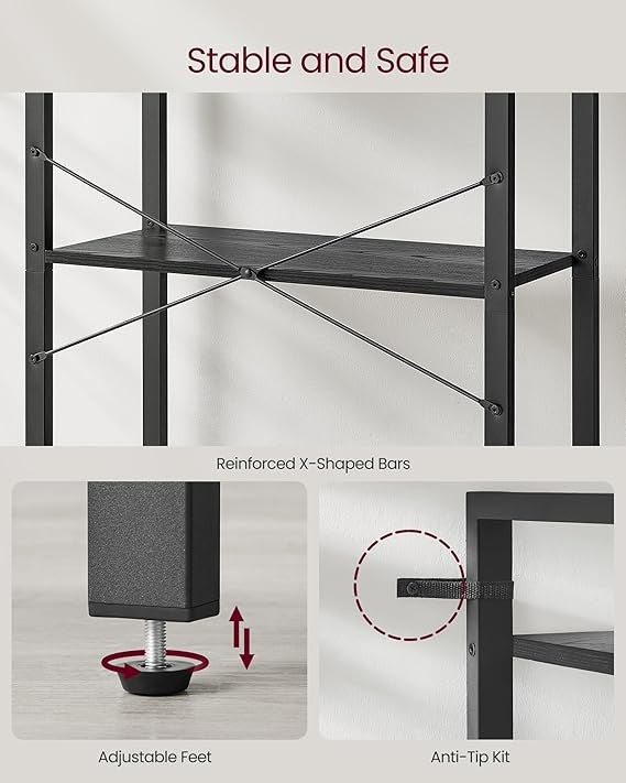 5-Tier Industrial Bookshelf Ebony Black Metal Wood Storage Shelving Unit