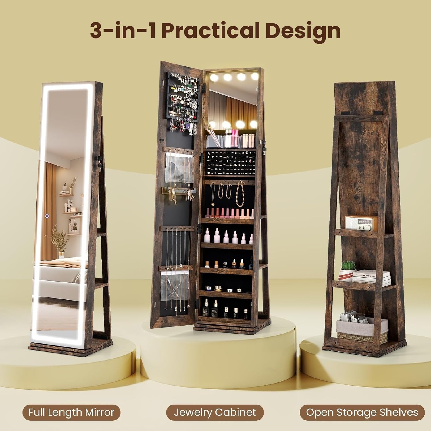 Rotating Jewelry Cabinet LED Mirror Lockable Freestanding Storage Organizer