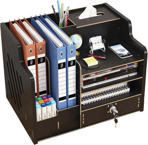 Black Desk Organiser with Drawer 9-Compartment Desktop Storage