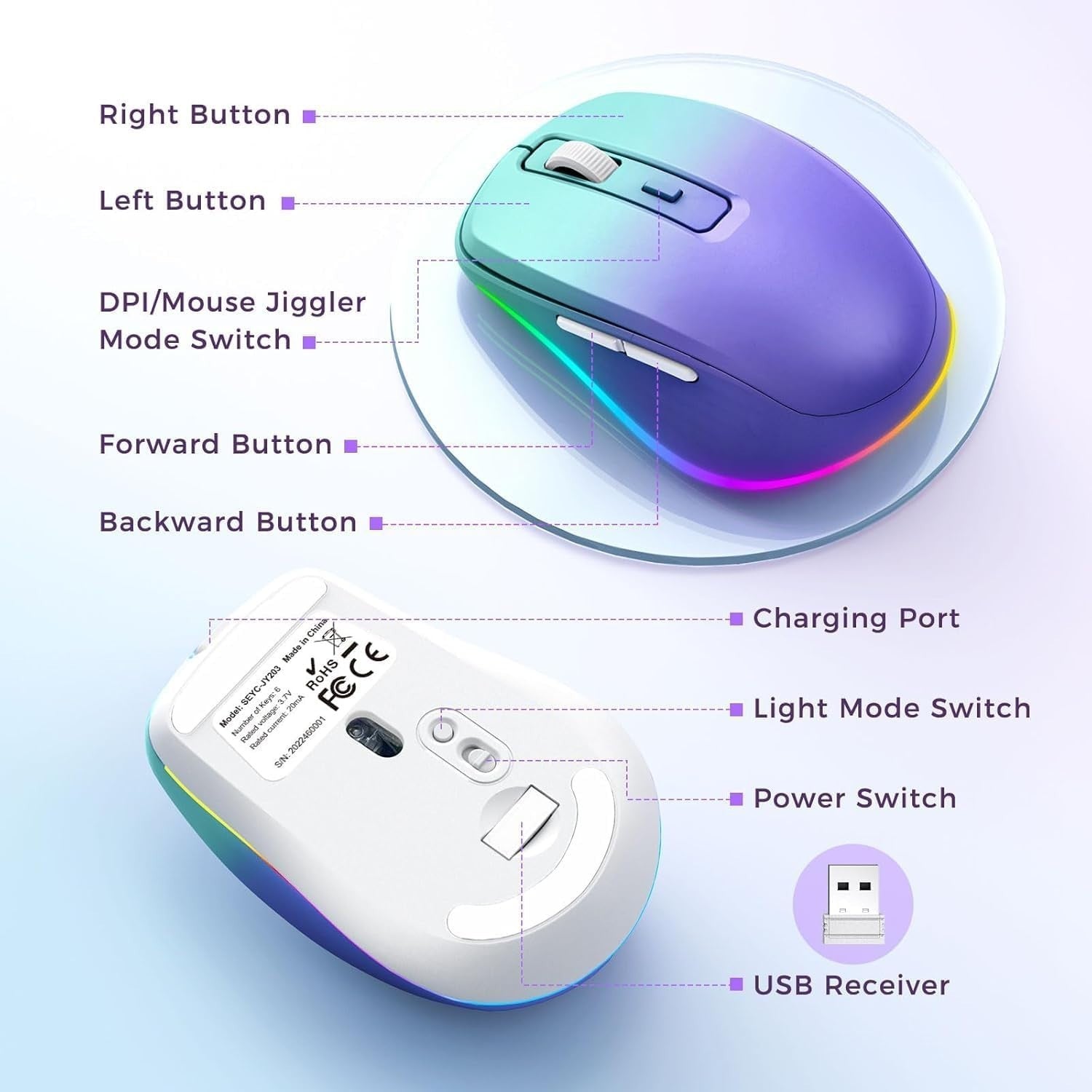 RGB Wireless Mouse Rechargeable Silent USB Jiggler Green Purple