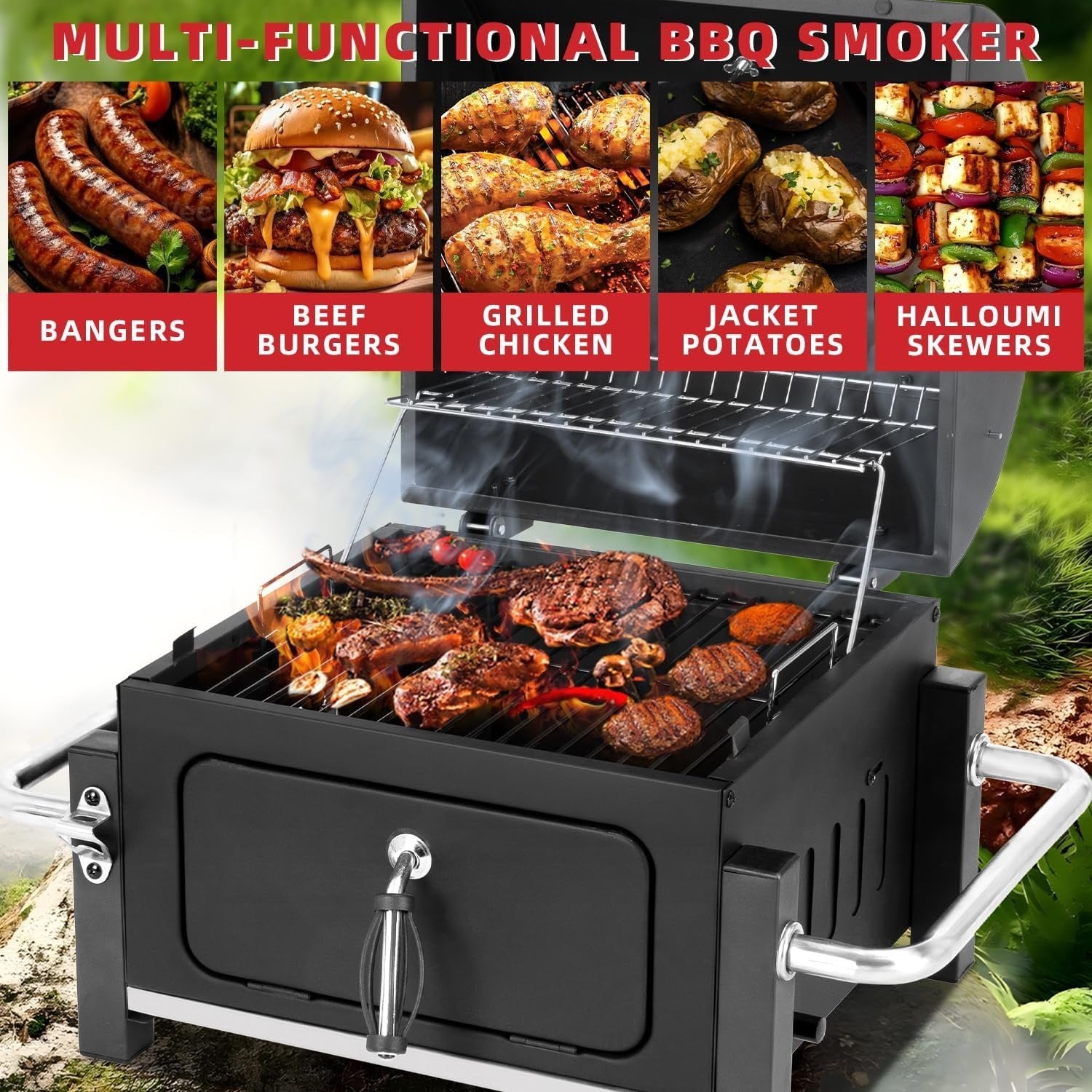 Portable Charcoal BBQ Smoker Grill with Thermometer – Dual Height Adjustable