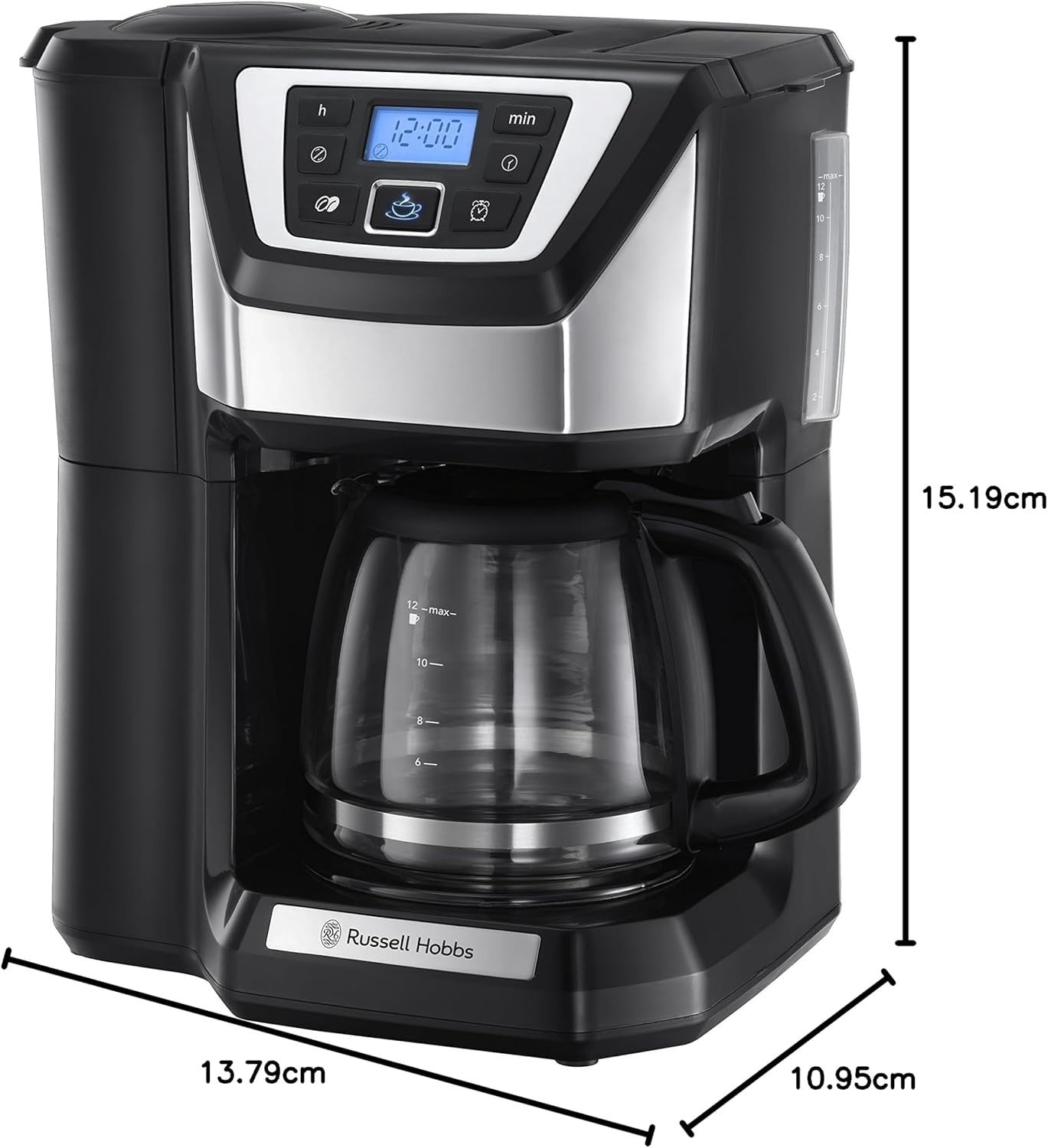 Filter Coffee Machine Bean-to-Cup Quiet Brew 1.5L Glass Carafe 12 Cup Timer