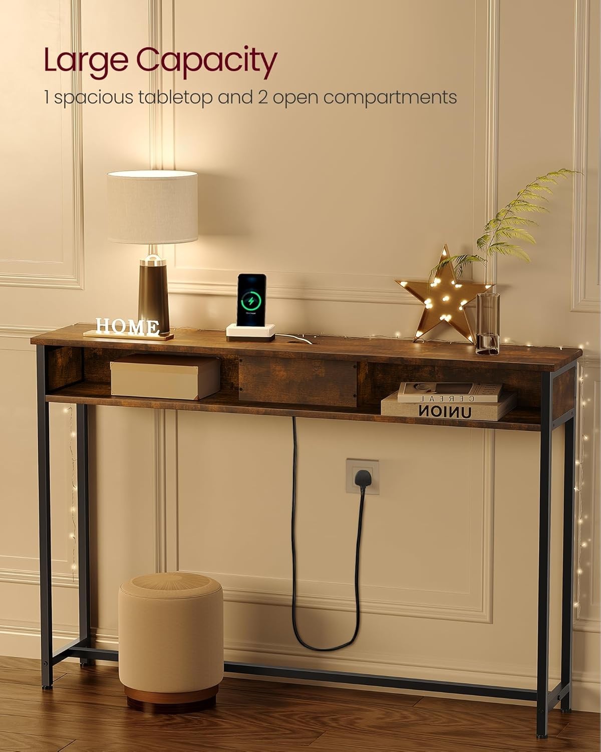 Slim Console Table with Charging Station, USB Ports, Rustic Brown, 120cm
