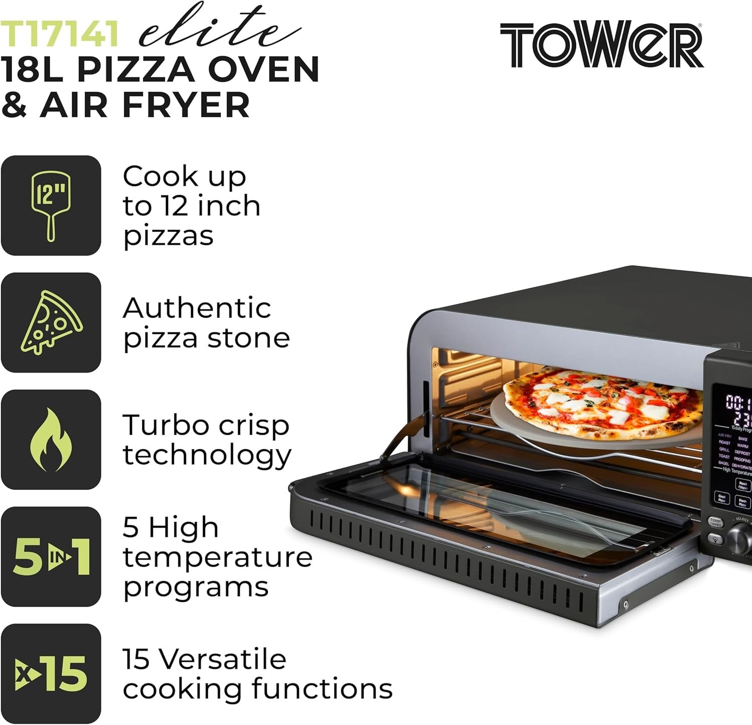 Electric Pizza Oven 2000W Turbo Crisper | 400°C Max Heat | 15 Cooking Functions