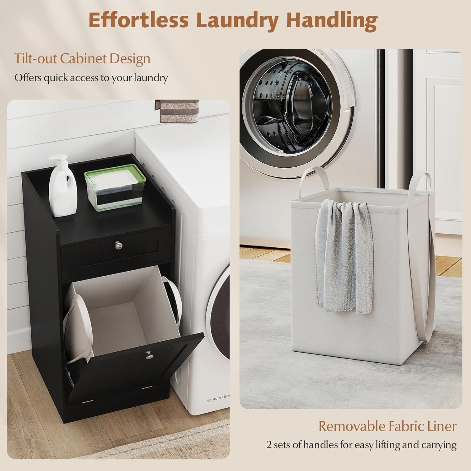 Black Tilt-Out Laundry Cabinet with Drawer & Removable Liner Modern Bathroom Sto
