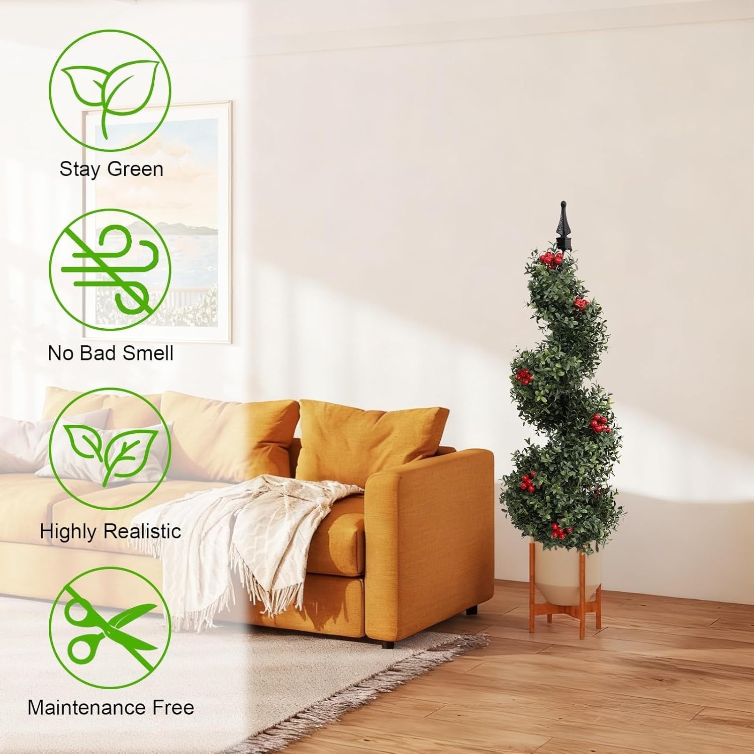 3ft 90cm Artificial Spiral Boxwood Topiary Tree with Red Fruits Indoor Outdoor