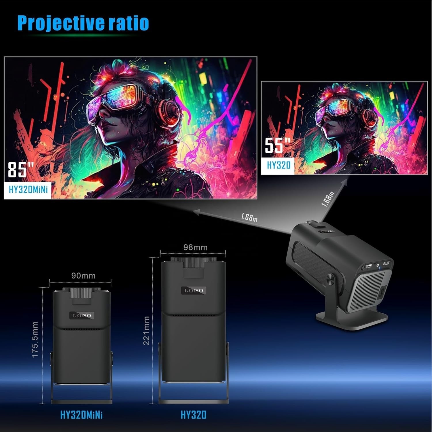 1080P Smart Projector 4K Support WiFi Bluetooth Android 300” Screen