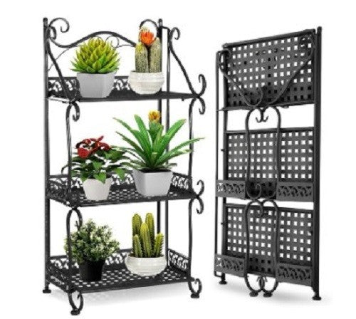 3 Tier Black Metal Plant Stand Foldable Indoor Outdoor Flower Pot Shelf Rack