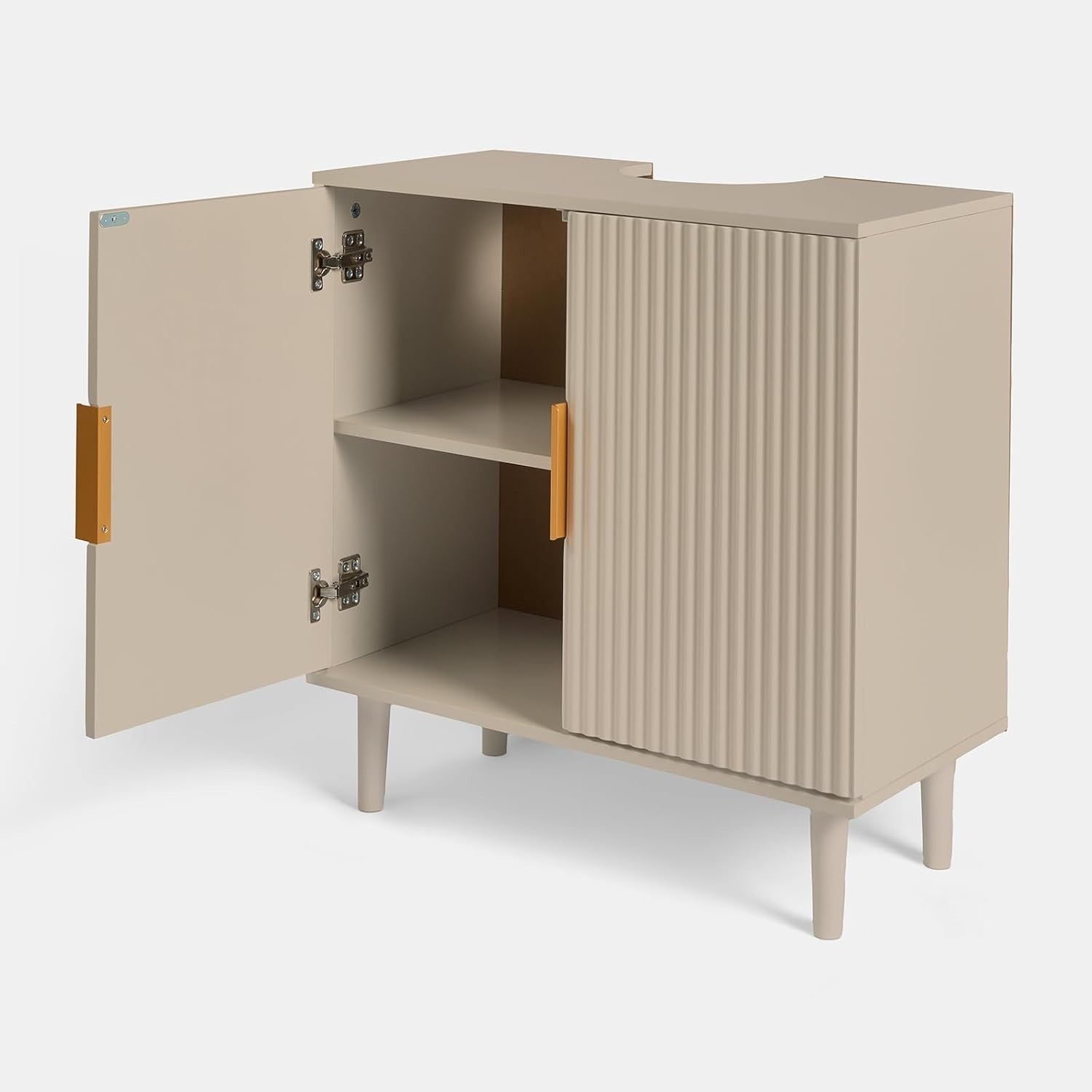 Taupe Under Sink Bathroom Cabinet Ribbed 2 Door Storage Cupboard 60x30x61cm