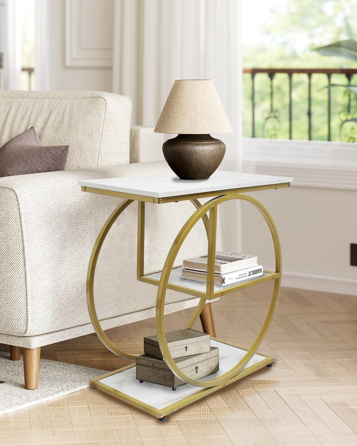 3-Tier Gold Side Table with Storage Shelves, Compact Modern Sofa End Table