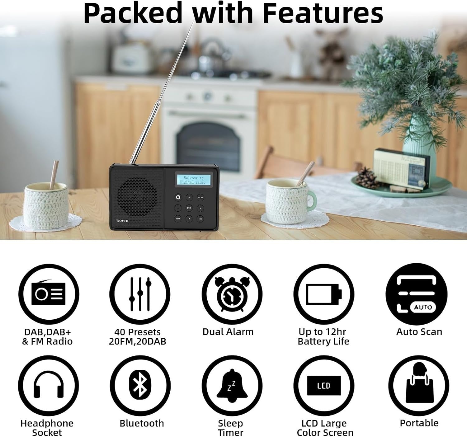 Portable DAB+ FM Radio Bluetooth USB LED Alarm Clock Rechargeable
