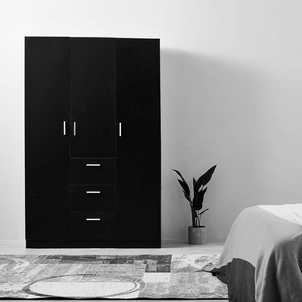 Large Black Wooden 3-Door Wardrobe with 3 Drawers & Hanging Rail Bedroom