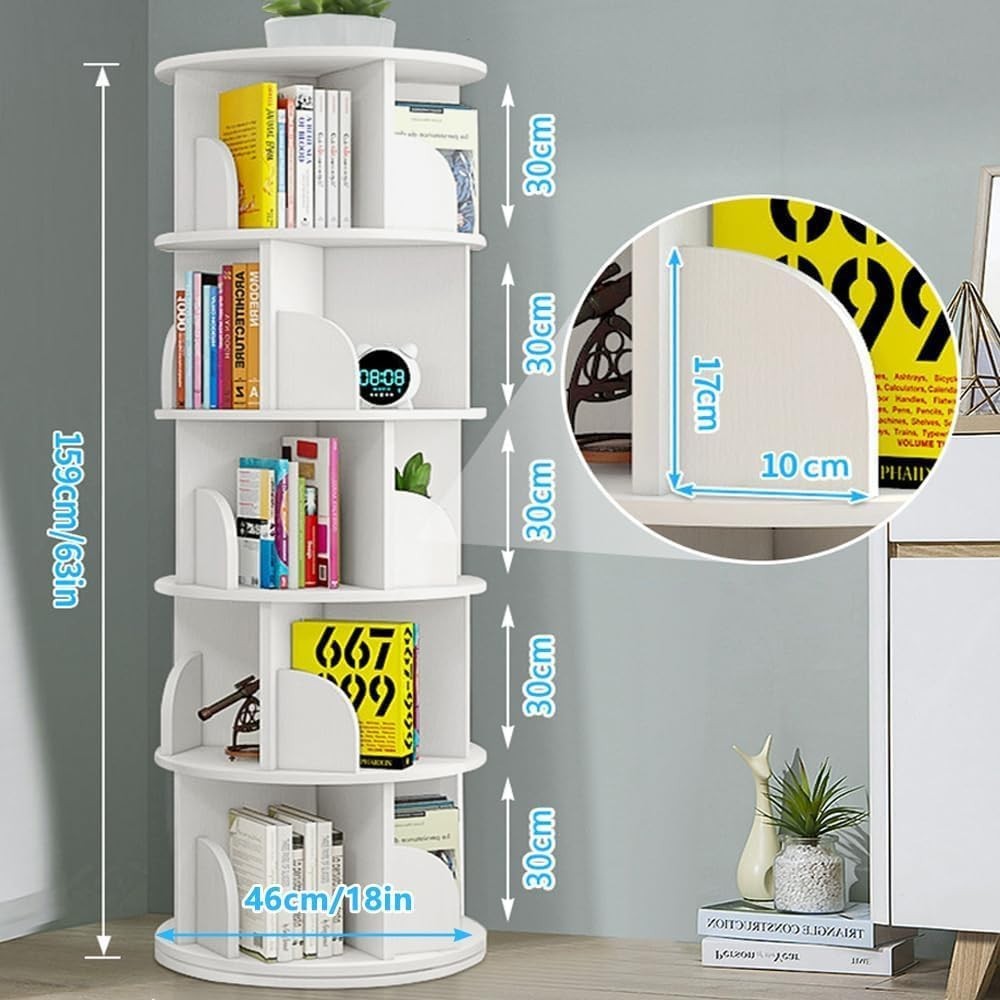 360° Rotating 5-Tier White Bookshelf – Space Saving Swivel Bookcase