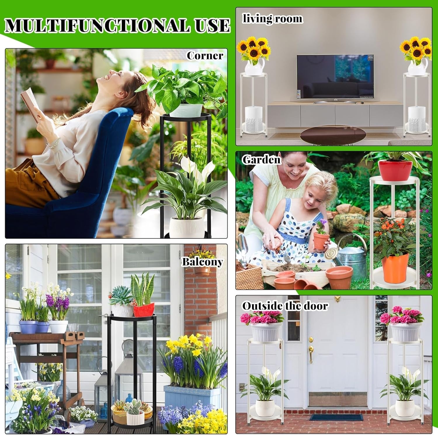 2 Tier White Metal Plant Stand Indoor Outdoor Flower Display Rack Corner Shelf