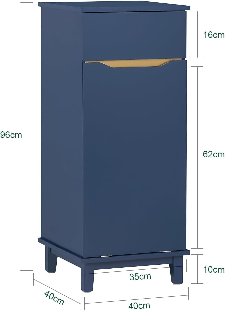 Slim Laundry Storage Cabinet with Built-In Basket & Drawer, Navy Blue