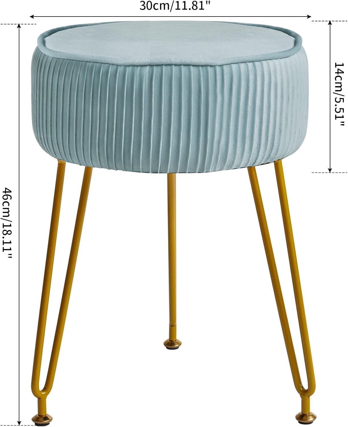 Light Blue Velvet Vanity Stool — Round Footstool with Gold Legs