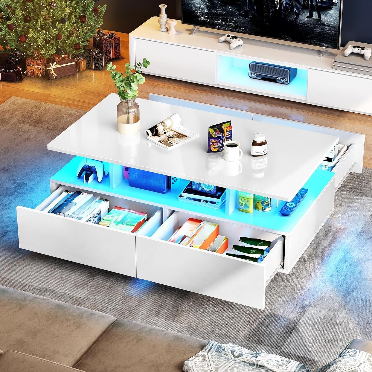 LED Coffee Table with Storage Drawers White Gloss 16-Color Light Modern