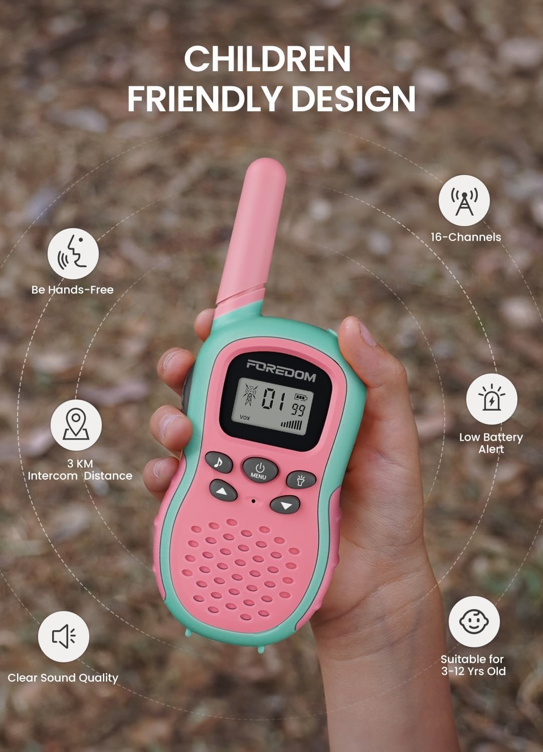 Kids Walkie Talkies 2 Pack Long Range VOX 2 Way Radio Flashlight Pink