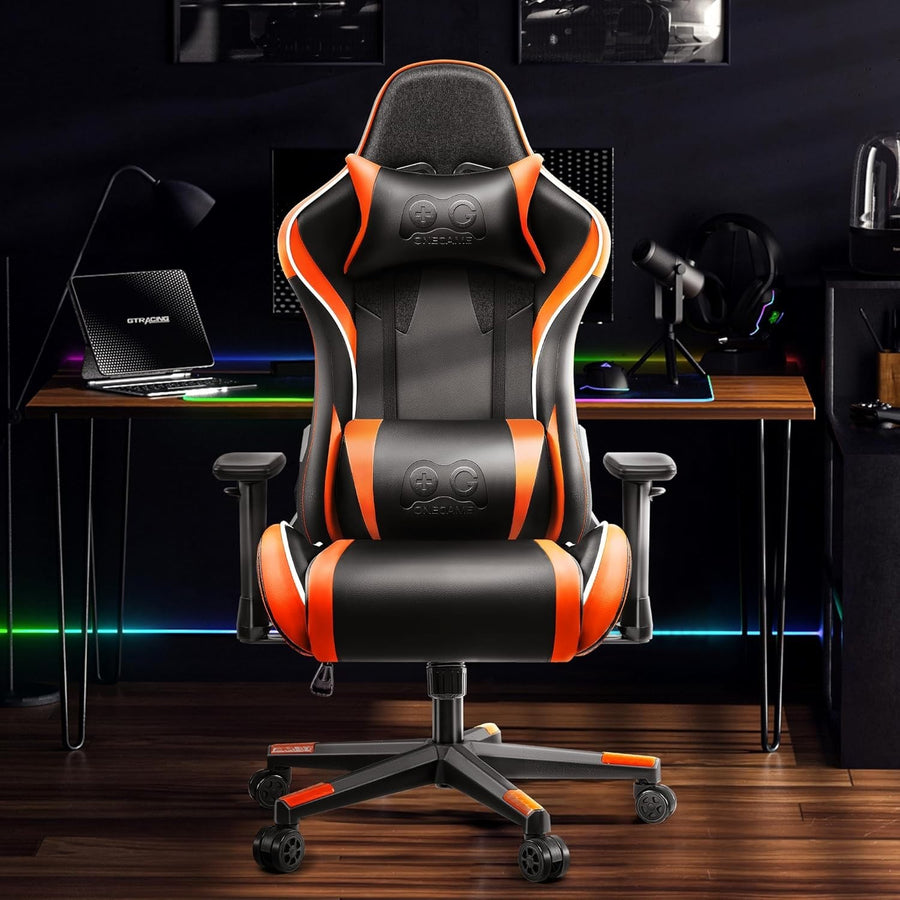 Orange High Back Gaming Chair Adjustable Lumbar Swivel PU Leather Office Studio