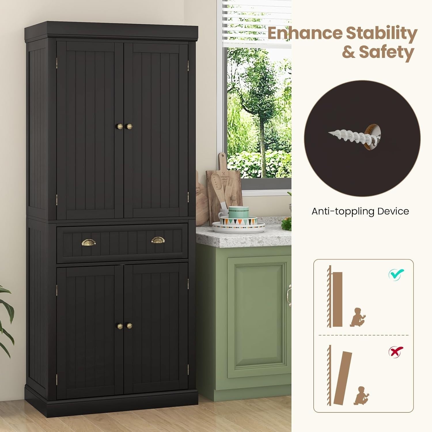 182cm Espresso Kitchen Pantry Cupboard | 4 Adjustable Shelves & 1 Drawer
