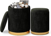 Black Velvet Nesting Footstools Set of 2 Storage Ottomans Round Gold Base