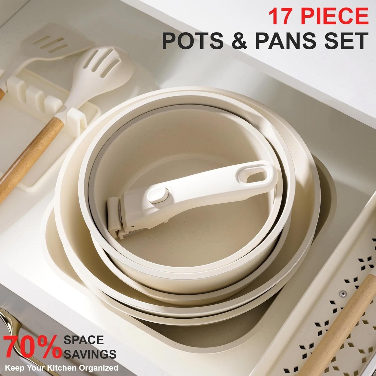 17pcs White Non-Stick Cookware Set with Detachable Handles – Induction Safe
