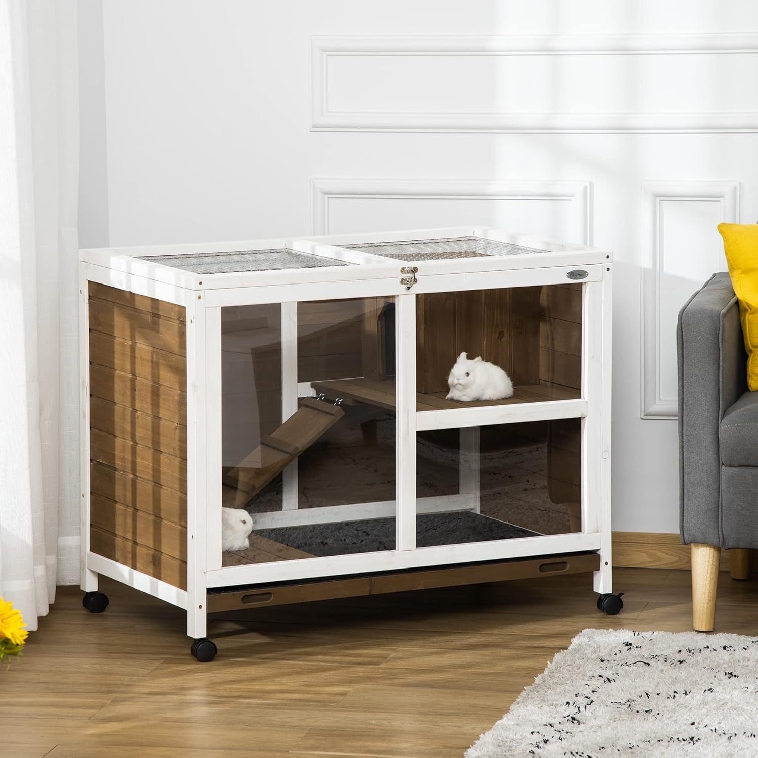 Indoor Rabbit Guinea Cage Wooden Hutch 2 Tier Wheels Open Roof