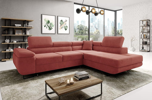 Pink Corner Sofa Bed with Storage, Adjustable Headrests, Modern L Shape