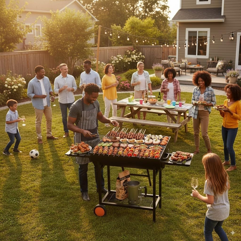 Extra Large Charcoal BBQ Grill Trolley 918 sq in Cooking Space w/ Side Tables