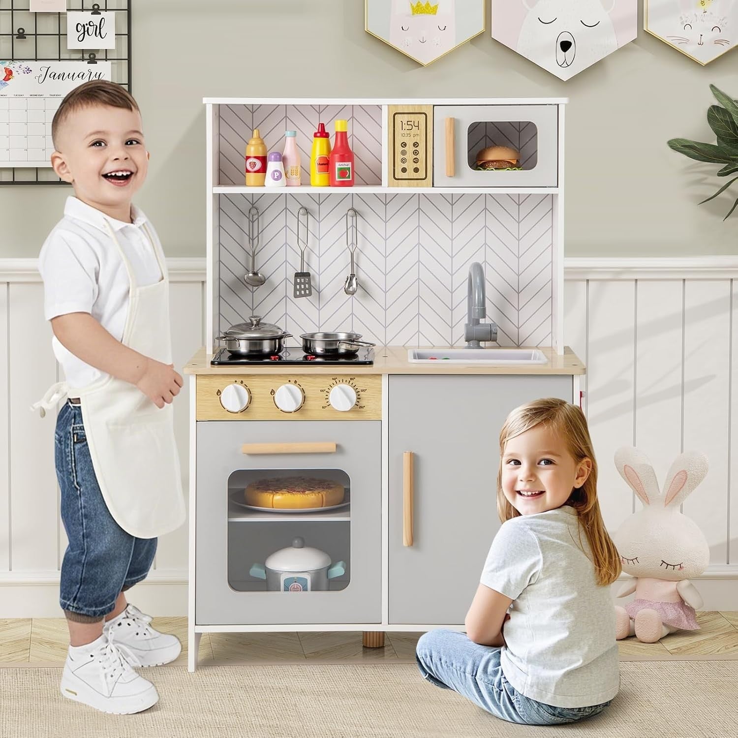 Wooden Kids Play Kitchen Lights Sounds Oven Microwave White Grey