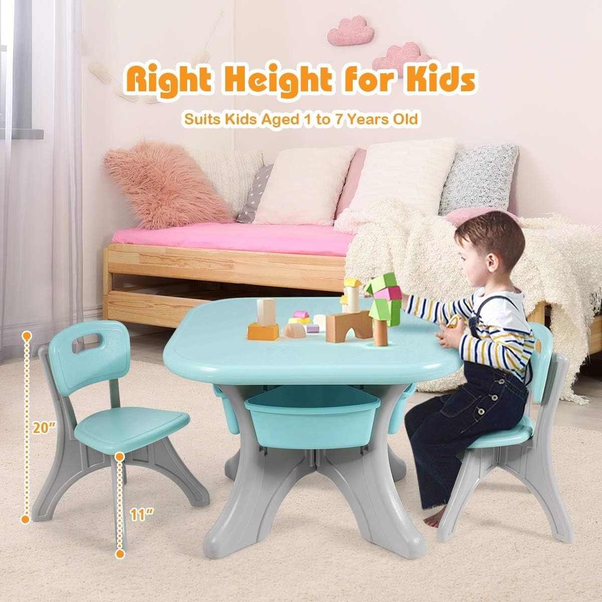 Kids Activity Table & 2 Chairs Set Green w/Detachable Storage Bins, Sturdy & Lig