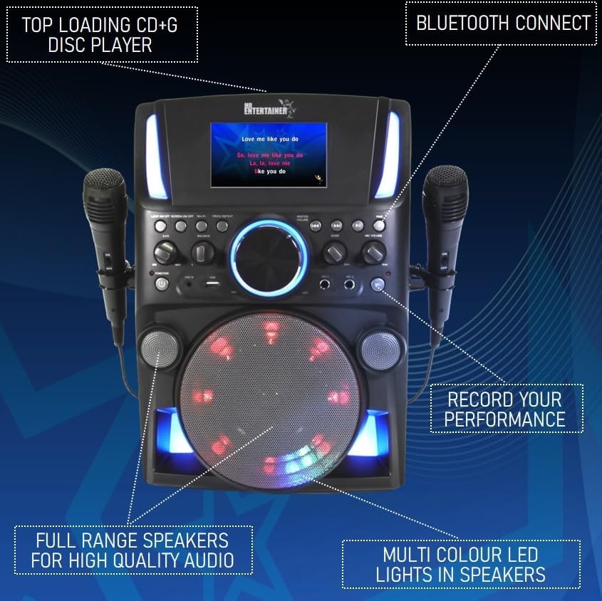 Bluetooth CDG Karaoke Machine with Screen Lights 2 Mics 200 Songs