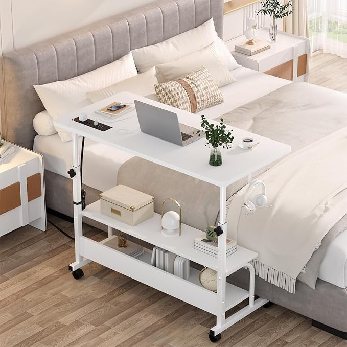 Portable Desk on Wheels Height Adjustable Standing Desk with Power USB White
