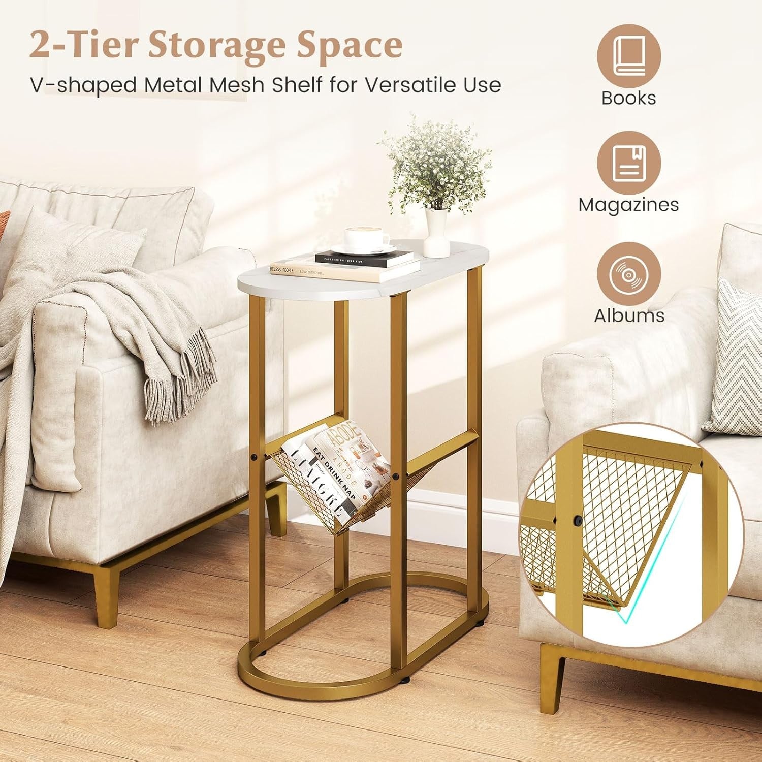 Slim Oval Side Table with Magazine Holder, 2-Tier Metal Frame Small Sofa End Tab