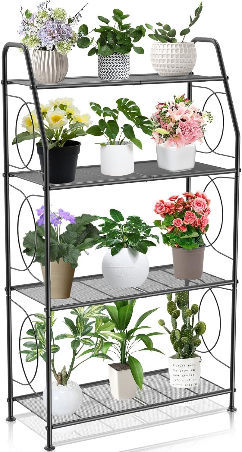 4 Tier Black Metal Plant Stand | Tall Indoor Outdoor Garden Shelf Display Rack