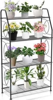 4 Tier Black Metal Plant Stand | Tall Indoor Outdoor Garden Shelf Display Rack