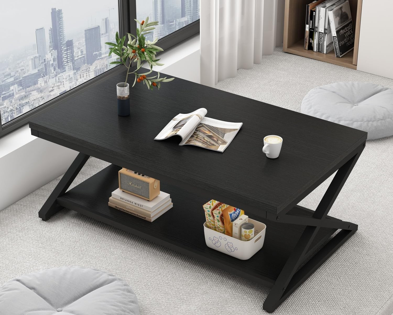 Industrial Black Coffee Table with Storage Shelf – Modern 47" Metal Wood Design