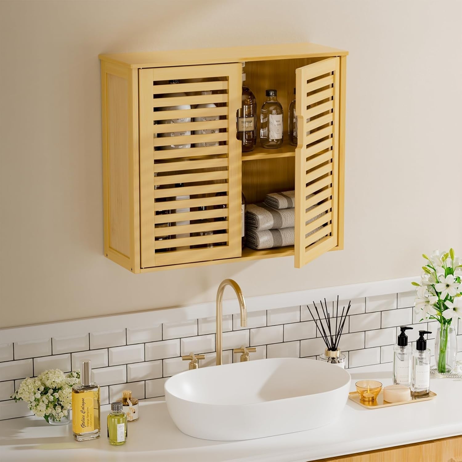Bamboo Wall Cabinet Bathroom Storage 2 Doors Adjustable Shelves Natural