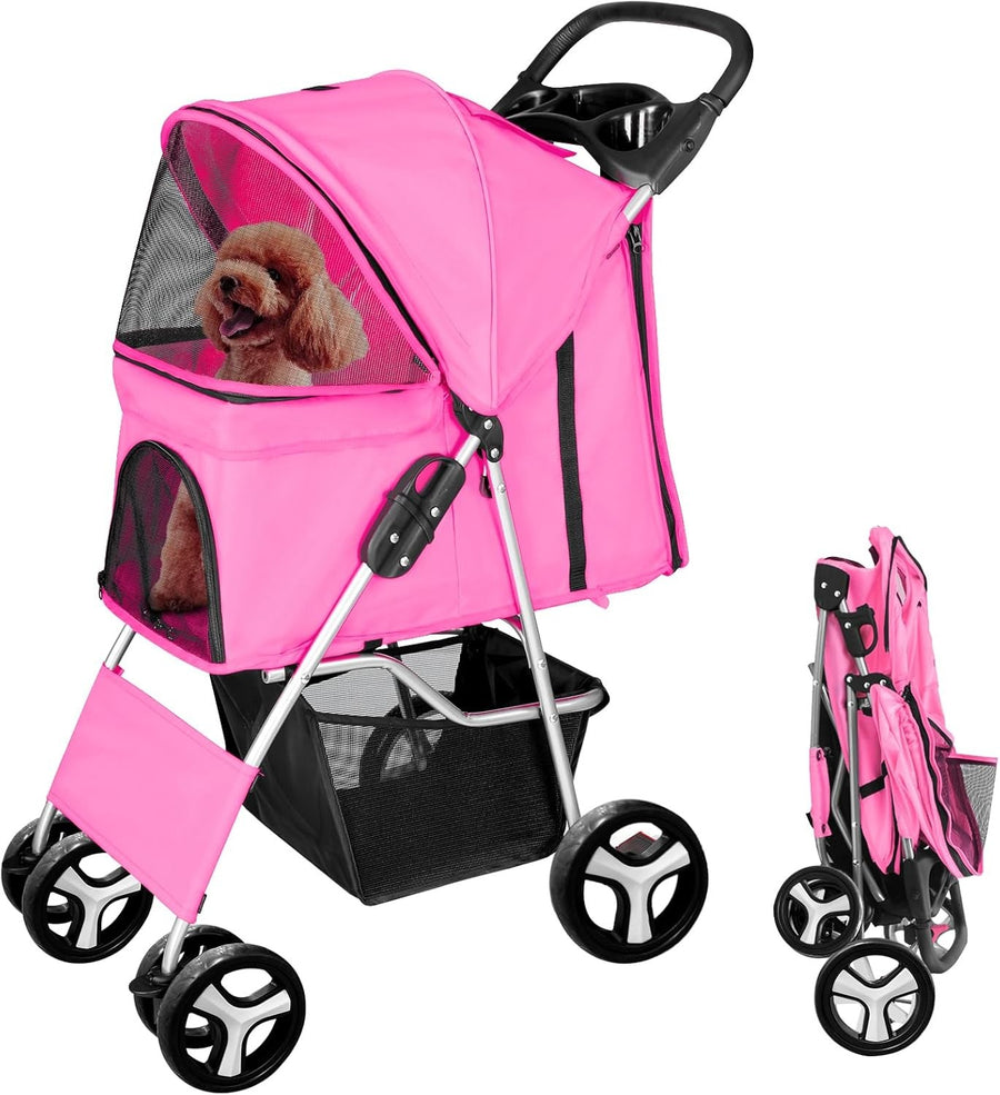 Pet Travel Stroller Dog Cat Pushchair 4 Wheel Folding Pram Jogger Pink
