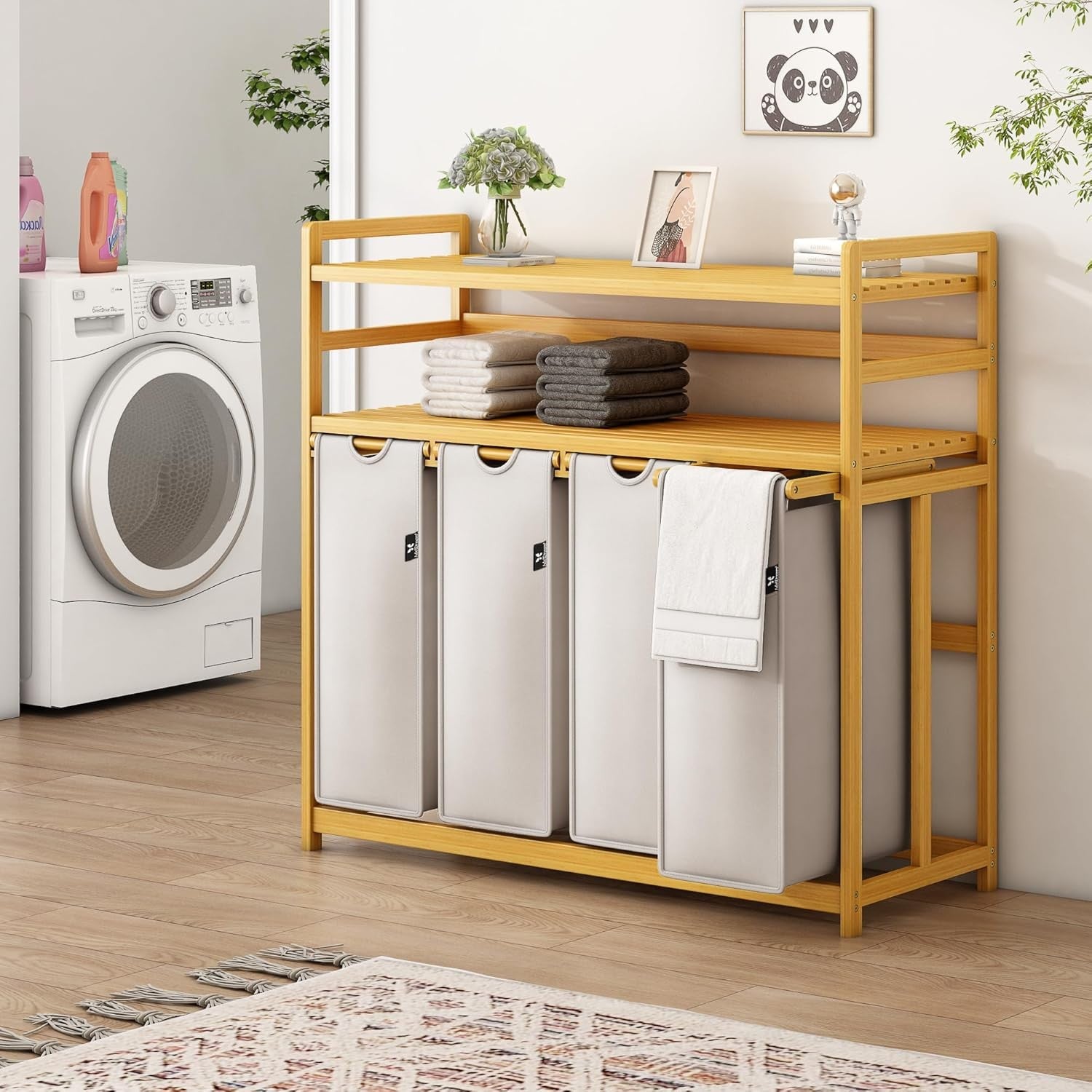 200L 4-Section Laundry Sorter Bamboo Frame With Shelf Removable Bags Grey