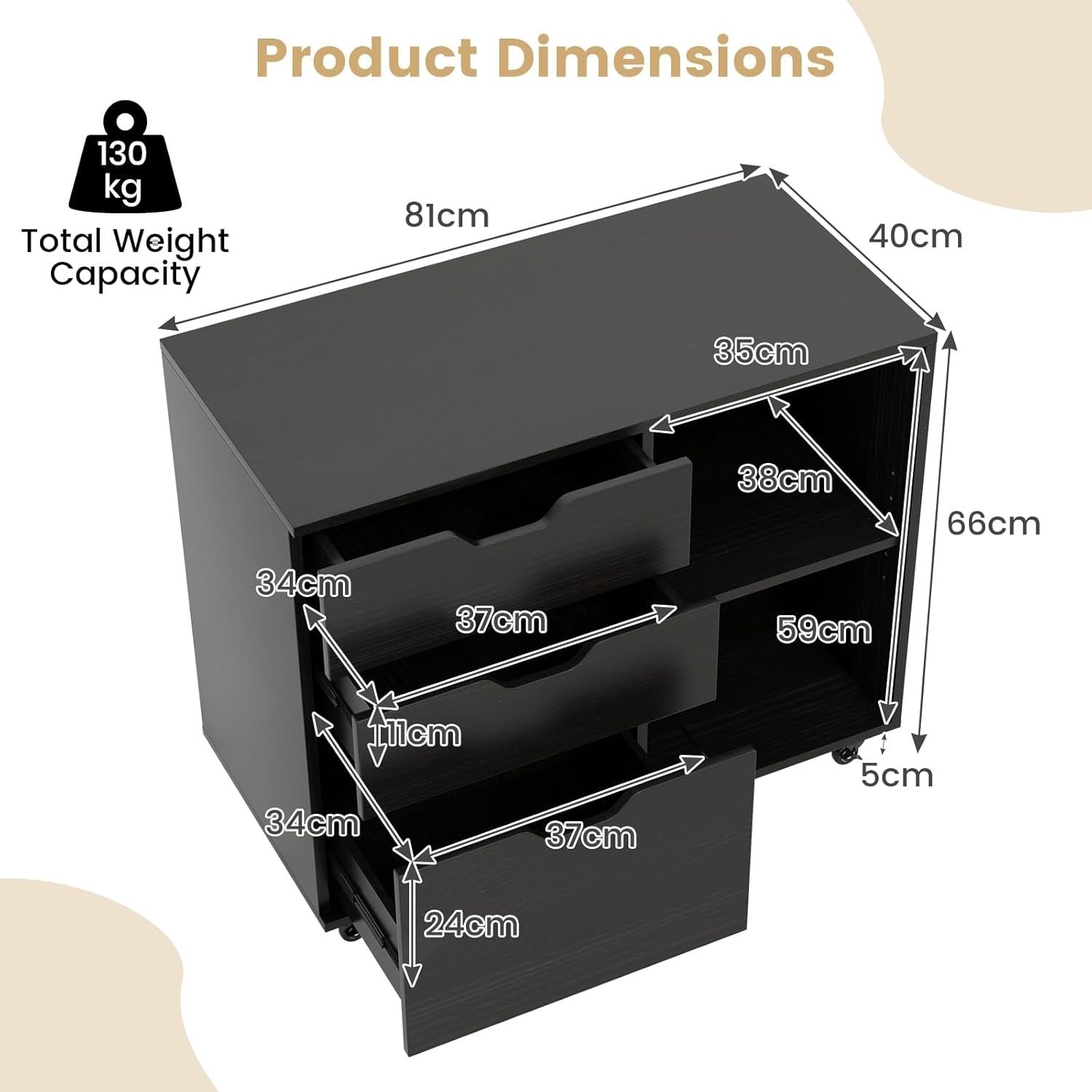 Lateral Mobile Filing Cabinet 3 Drawer A4 Printer Stand Black