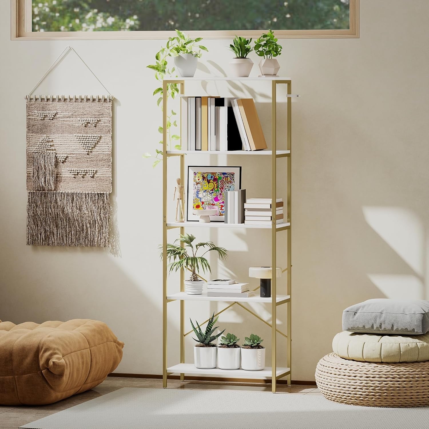 White & Gold 5-Tier Modern Bookcase Tall Metal Frame Open Display Shelf Unit