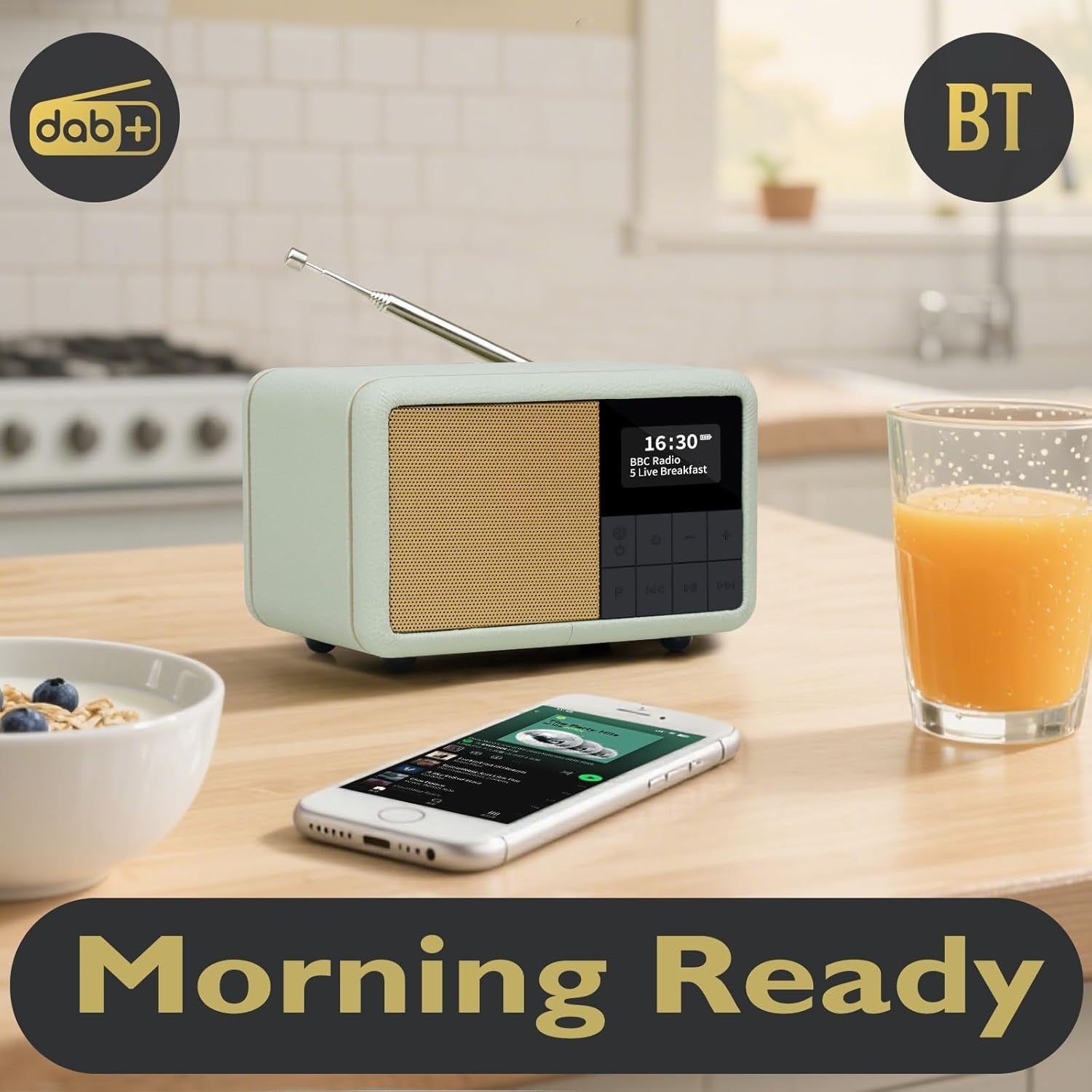Portable DAB+ FM Radio Alarm Clock Bluetooth Waterproof 12hr Battery – Green