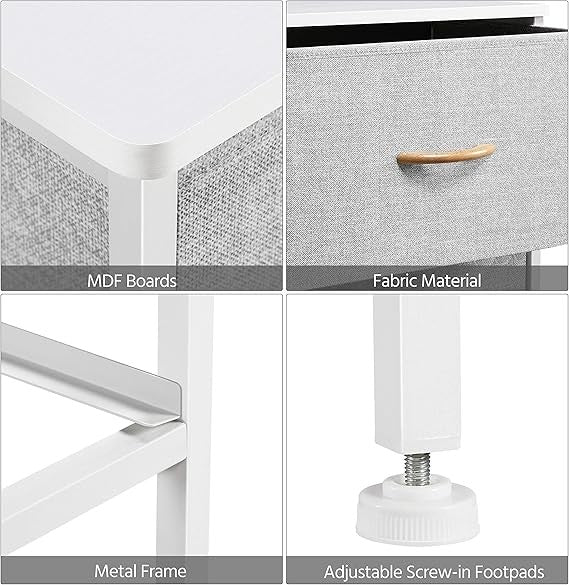Modern Bedside Tables Set of 2 with Fabric Drawers & Metal Frame Light Grey