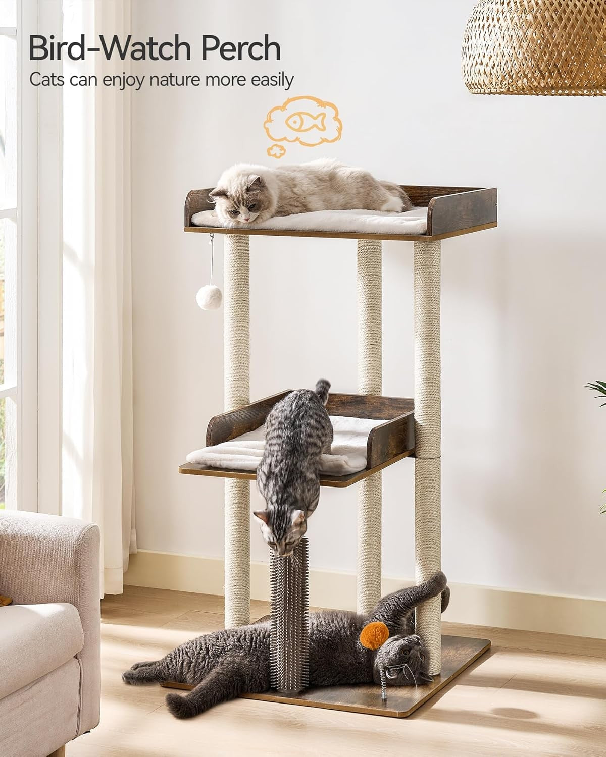 Large Wooden Cat Tree Rustic Brown Tower 3 Level Perch Scratching Post