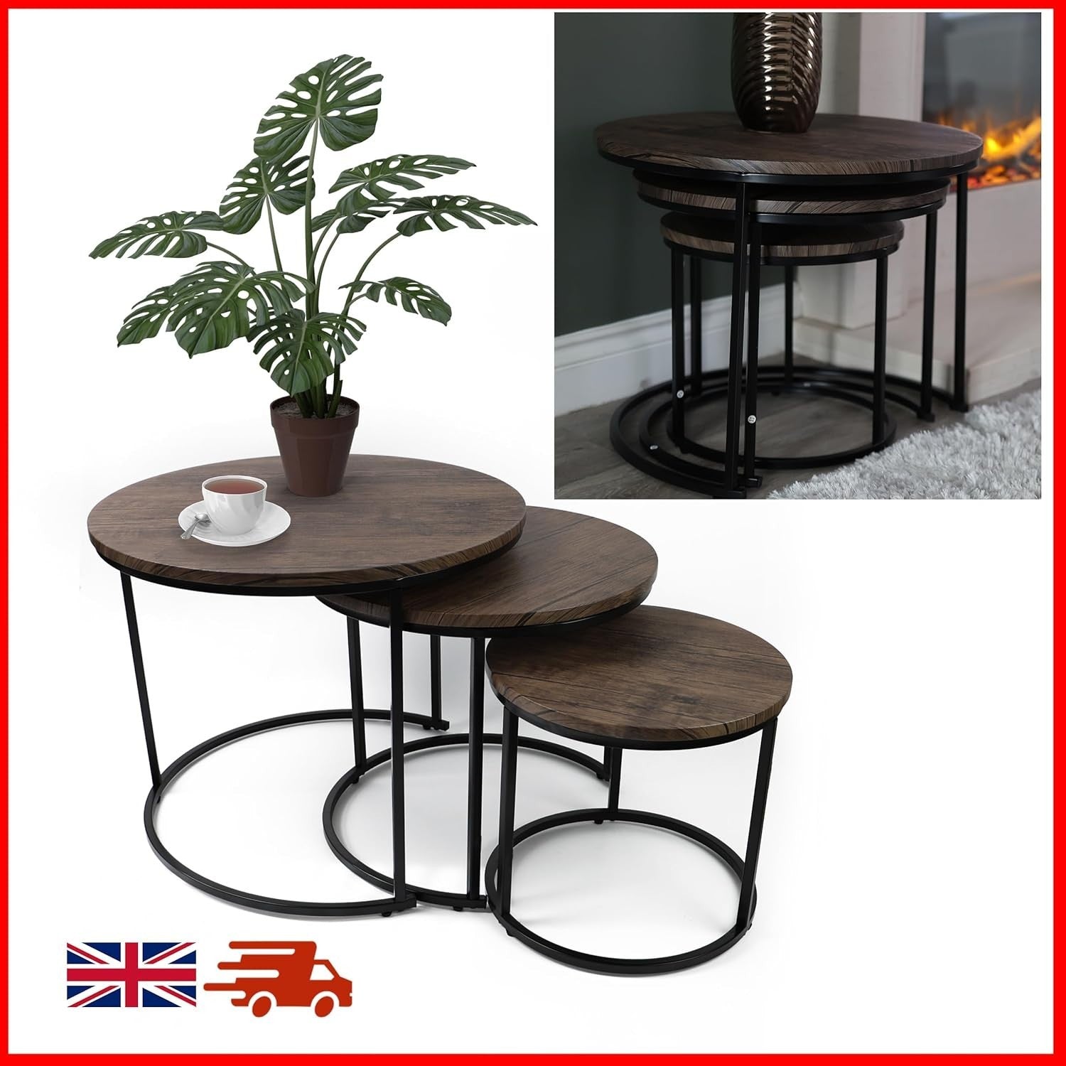Space Saving Nesting End Tables Set 3 Black Wood Look Side Coffee Accent