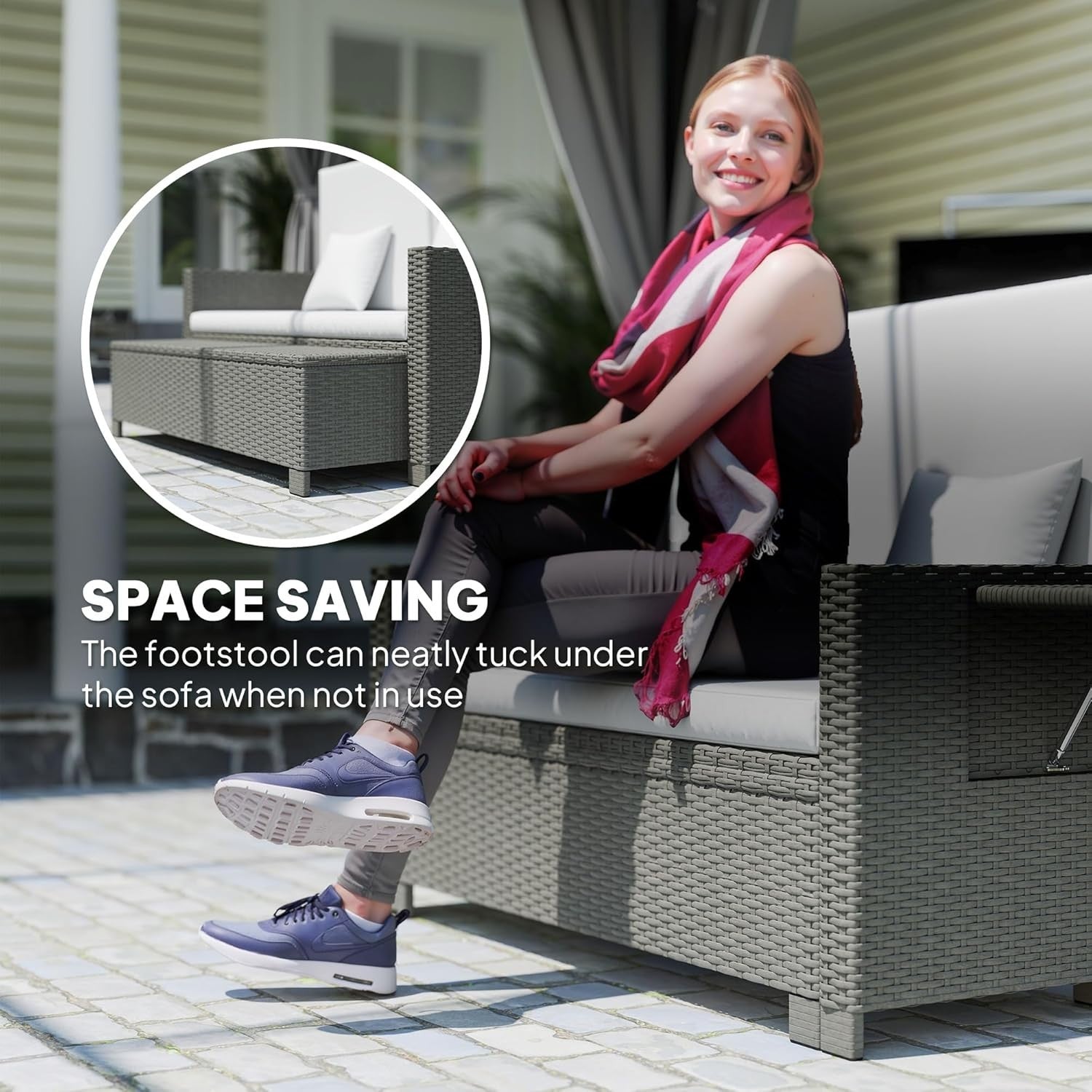 3-in-1 Light Grey Rattan Outdoor Daybed with Adjustable Back & Ottoman